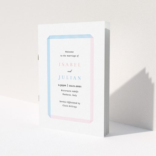 A wedding program design titled 'Pink and Blue Folded'. It is an A5 booklet in a portrait orientation. 'Pink and Blue Folded' is available as a folded booklet booklet, with tones of blue and pink.