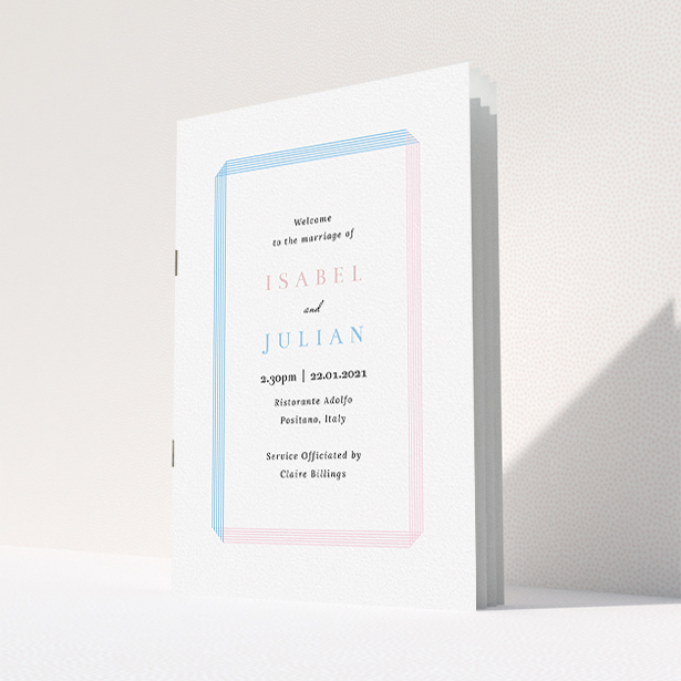 A wedding program design titled "Pink and Blue Folded". It is an A5 booklet in a portrait orientation. "Pink and Blue Folded" is available as a folded booklet booklet, with tones of blue and pink.