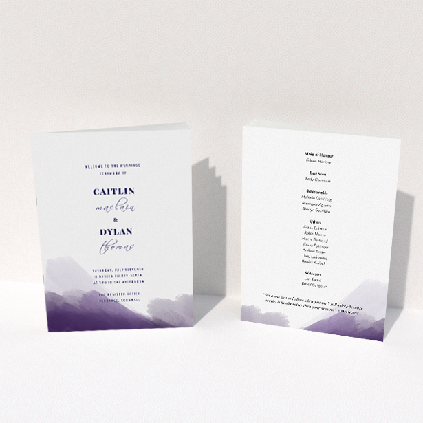 A wedding program named "Purple halftone". It is an A5 booklet in a portrait orientation. "Purple halftone" is available as a folded booklet booklet, with mainly dark blue colouring.