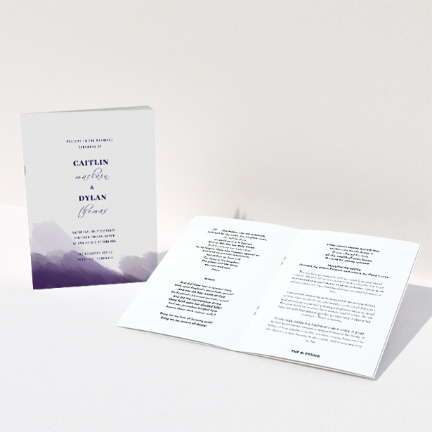 A wedding program named "Purple halftone". It is an A5 booklet in a portrait orientation. "Purple halftone" is available as a folded booklet booklet, with mainly dark blue colouring.