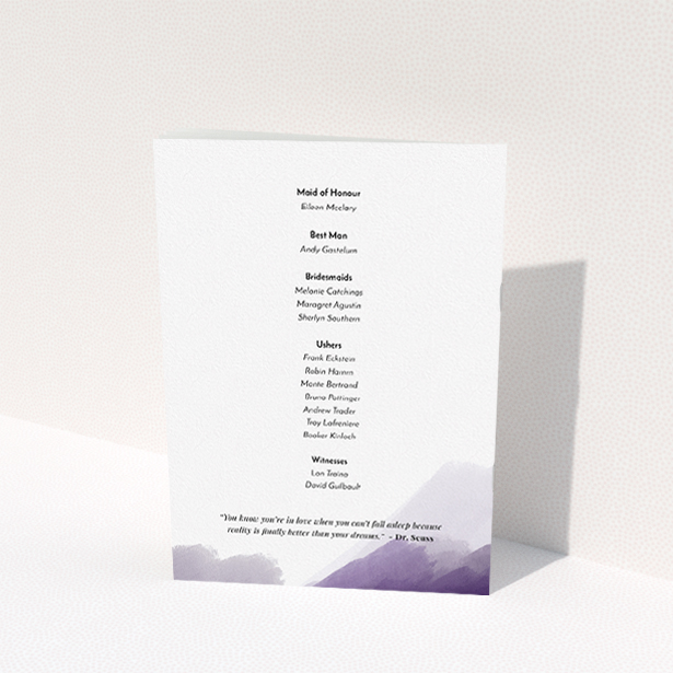 A wedding program named "Purple halftone". It is an A5 booklet in a portrait orientation. "Purple halftone" is available as a folded booklet booklet, with mainly dark blue colouring.