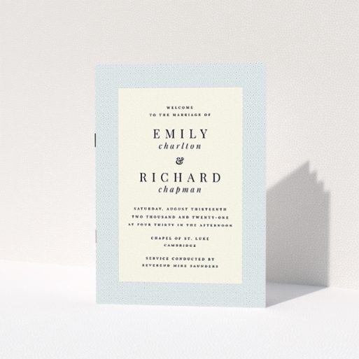 A wedding program template titled "Simple Blue Order of Service". It is an A5 booklet in a portrait orientation. "Simple Blue Order of Service" is available as a folded booklet booklet, with tones of blue and pink.