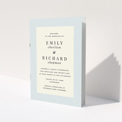 A wedding program template titled 'Simple Blue Order of Service'. It is an A5 booklet in a portrait orientation. 'Simple Blue Order of Service' is available as a folded booklet booklet, with tones of blue and pink.