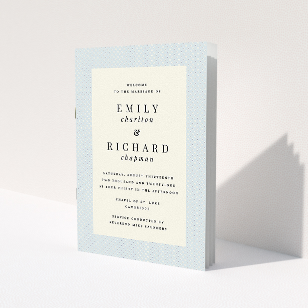 A wedding program template titled "Simple Blue Order of Service". It is an A5 booklet in a portrait orientation. "Simple Blue Order of Service" is available as a folded booklet booklet, with tones of blue and pink.