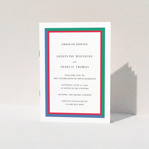 Wedding Program Design - "Simple Diagonal" A wedding program design named "Simple Diagonal". It is an A5 booklet in a portrait orientation. "Simple Diagonal" is available as a folded booklet booklet, with mainly green colouring.