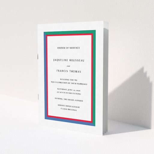 A wedding program design named 'Simple Diagonal'. It is an A5 booklet in a portrait orientation. 'Simple Diagonal' is available as a folded booklet booklet, with mainly green colouring.