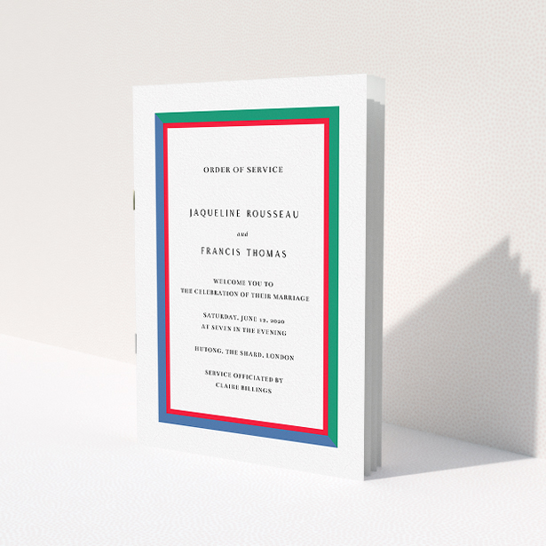 A wedding program design named "Simple Diagonal". It is an A5 booklet in a portrait orientation. "Simple Diagonal" is available as a folded booklet booklet, with mainly green colouring.