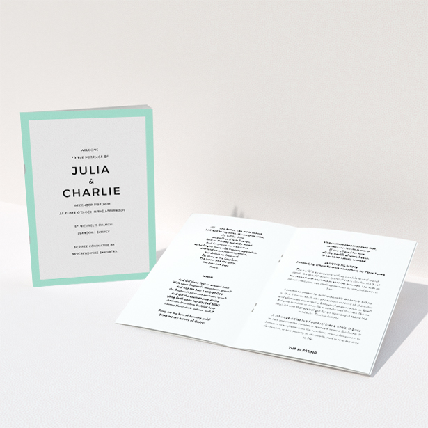 A wedding program design titled "Simple Order of Service Mint Green". It is an A5 booklet in a portrait orientation. "Simple Order of Service Mint Green" is available as a folded booklet booklet, with tones of green and white.