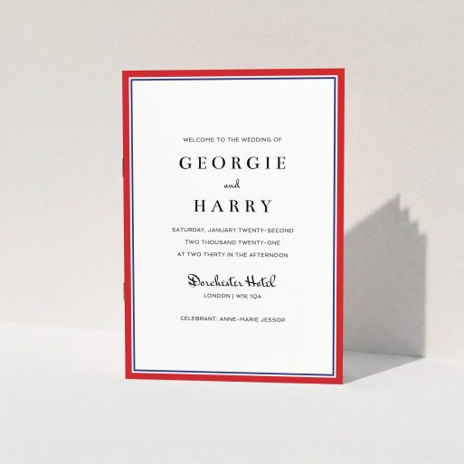 A wedding program design called "Simple Order of Service Red". It is an A5 booklet in a portrait orientation. "Simple Order of Service Red" is available as a folded booklet booklet, with tones of red and blue.
