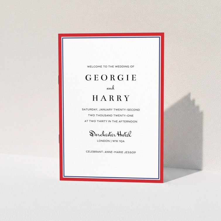 A wedding program design called "Simple Order of Service Red". It is an A5 booklet in a portrait orientation. "Simple Order of Service Red" is available as a folded booklet booklet, with tones of red and blue.