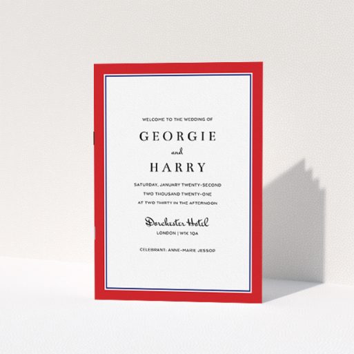 A wedding program design called "Simple Order of Service Red". It is an A5 booklet in a portrait orientation. "Simple Order of Service Red" is available as a folded booklet booklet, with tones of red and blue.