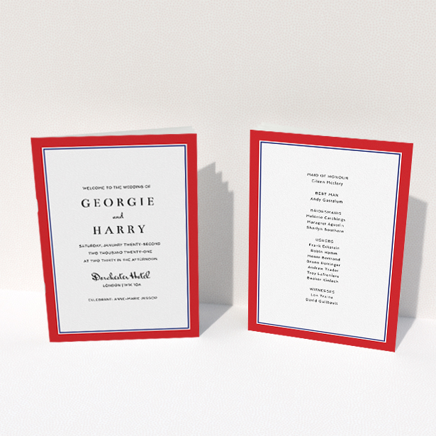 A wedding program design called "Simple Order of Service Red". It is an A5 booklet in a portrait orientation. "Simple Order of Service Red" is available as a folded booklet booklet, with tones of red and blue.