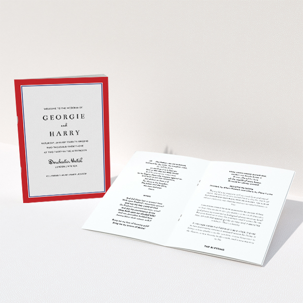 A wedding program design called "Simple Order of Service Red". It is an A5 booklet in a portrait orientation. "Simple Order of Service Red" is available as a folded booklet booklet, with tones of red and blue.