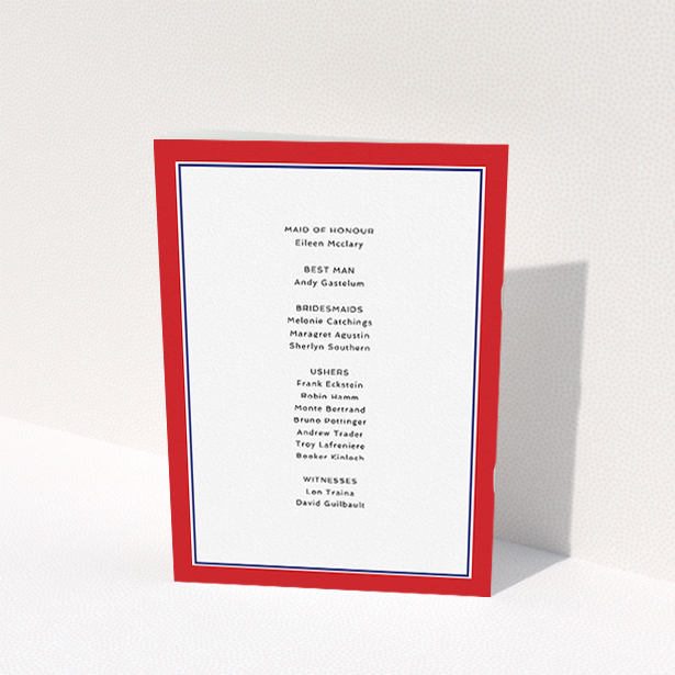 A wedding program design called "Simple Order of Service Red". It is an A5 booklet in a portrait orientation. "Simple Order of Service Red" is available as a folded booklet booklet, with tones of red and blue.