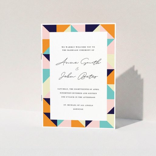 Wedding Program Design - "Sloane Squares" A wedding program named "Sloane Squares". It is an A5 booklet in a portrait orientation. "Sloane Squares" is available as a folded booklet booklet, with mainly orange colouring.