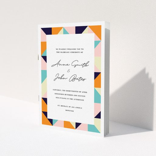 A wedding program named 'Sloane Squares'. It is an A5 booklet in a portrait orientation. 'Sloane Squares' is available as a folded booklet booklet, with mainly orange colouring.