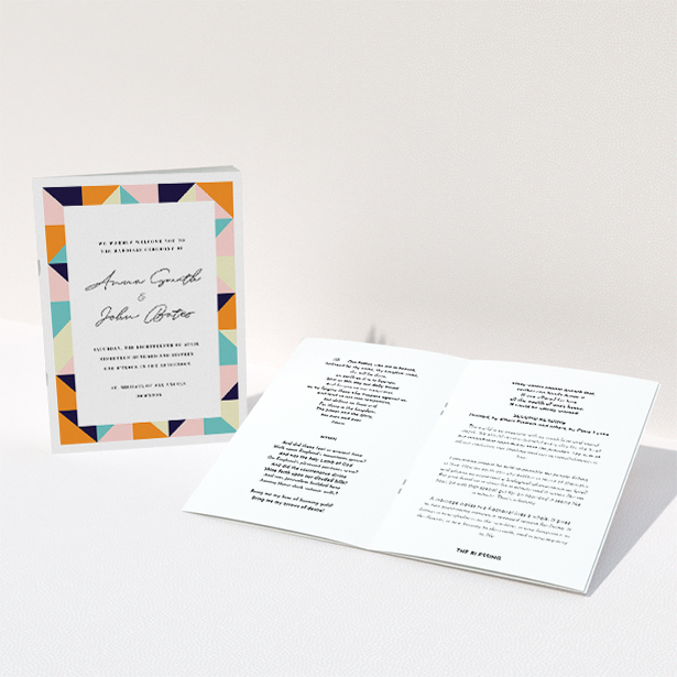 A wedding program named "Sloane Squares". It is an A5 booklet in a portrait orientation. "Sloane Squares" is available as a folded booklet booklet, with mainly orange colouring.