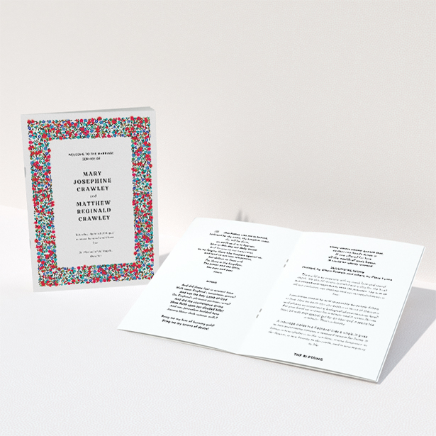A wedding program called "Summer from a distance". It is an A5 booklet in a portrait orientation. "Summer from a distance" is available as a folded booklet booklet, with tones of white and red.