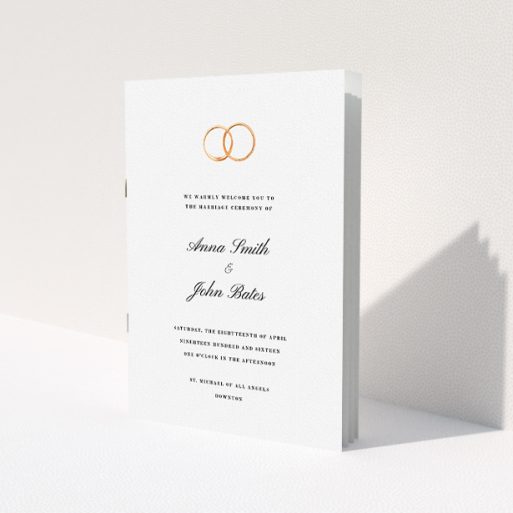 A wedding program called 'The newlyweds'. It is an A5 booklet in a portrait orientation. 'The newlyweds' is available as a folded booklet booklet, with tones of white and gold.