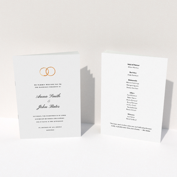 A wedding program called "The newlyweds". It is an A5 booklet in a portrait orientation. "The newlyweds" is available as a folded booklet booklet, with tones of white and gold.
