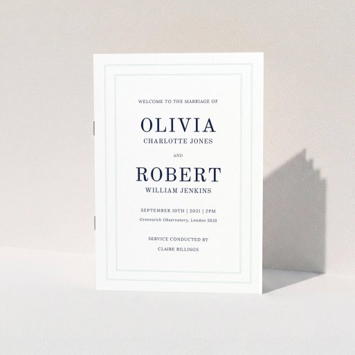 A wedding program template titled "Thick White Border Classic". It is an A5 booklet in a portrait orientation. "Thick White Border Classic" is available as a folded booklet booklet, with tones of blue and white.