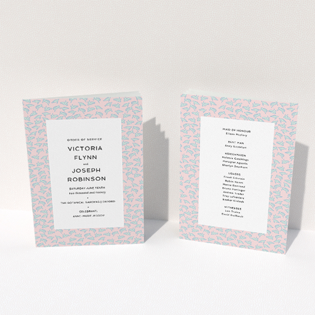 A wedding program design named "Tiny, Tiny Turtles". It is an A5 booklet in a portrait orientation. "Tiny, Tiny Turtles" is available as a folded booklet booklet, with tones of blue and pink.