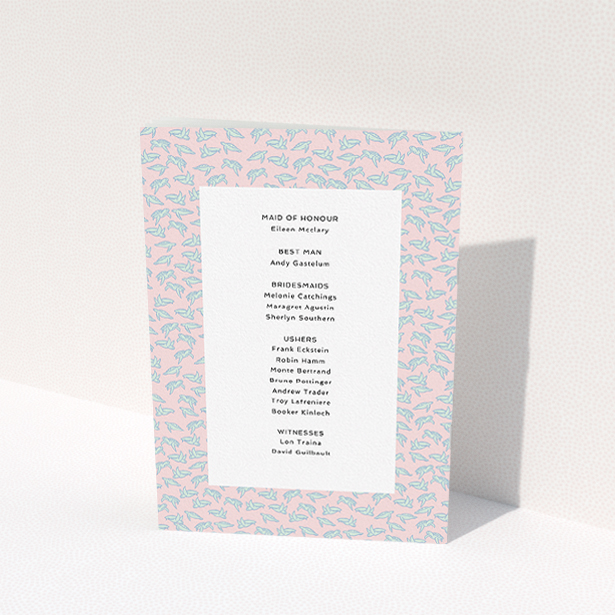 A wedding program design named "Tiny, Tiny Turtles". It is an A5 booklet in a portrait orientation. "Tiny, Tiny Turtles" is available as a folded booklet booklet, with tones of blue and pink.