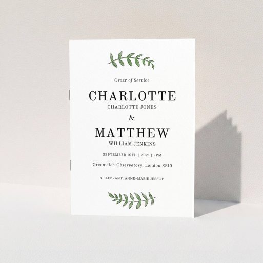A wedding program named "Top and Bottom". It is an A5 booklet in a portrait orientation. "Top and Bottom" is available as a folded booklet booklet, with tones of white and green.