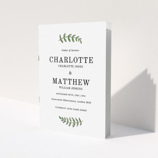 A wedding program named 'Top and Bottom'. It is an A5 booklet in a portrait orientation. 'Top and Bottom' is available as a folded booklet booklet, with tones of white and green.