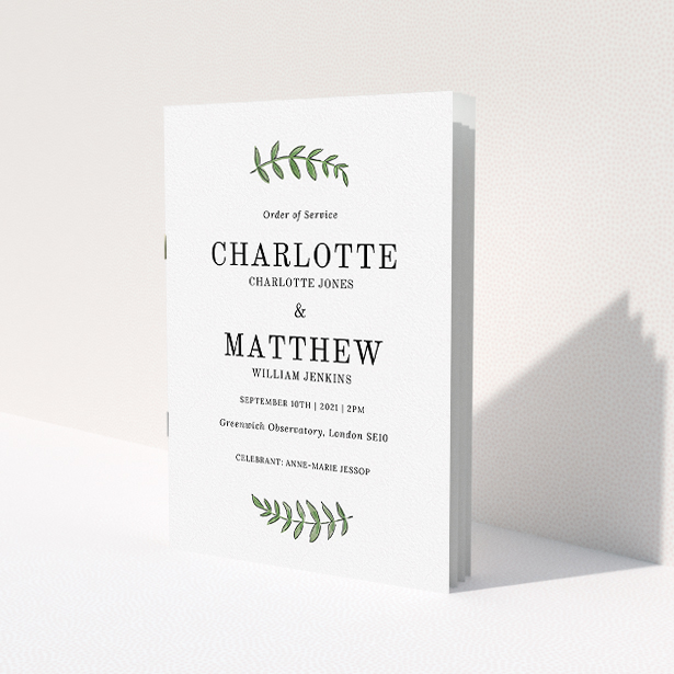A wedding program named 'Top and Bottom'. It is an A5 booklet in a portrait orientation. 'Top and Bottom' is available as a folded booklet booklet, with tones of white and green.