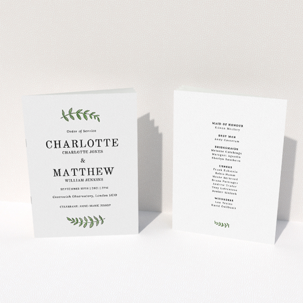 A wedding program named "Top and Bottom". It is an A5 booklet in a portrait orientation. "Top and Bottom" is available as a folded booklet booklet, with tones of white and green.