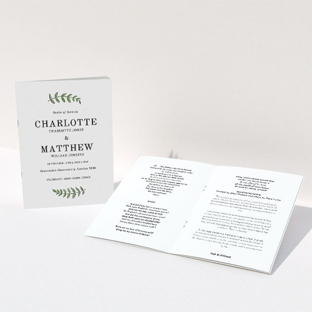 A wedding program named "Top and Bottom". It is an A5 booklet in a portrait orientation. "Top and Bottom" is available as a folded booklet booklet, with tones of white and green.