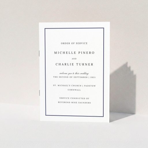 A wedding program design titled "Traditional Order of Service". It is an A5 booklet in a portrait orientation. "Traditional Order of Service" is available as a folded booklet booklet, with tones of white and blue.