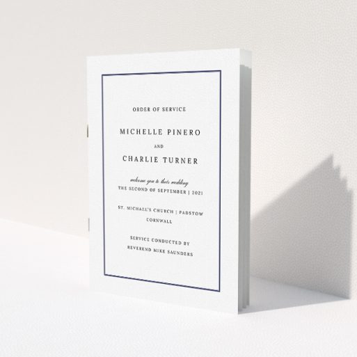 A wedding program design titled 'Traditional Order of Service'. It is an A5 booklet in a portrait orientation. 'Traditional Order of Service' is available as a folded booklet booklet, with tones of white and blue.