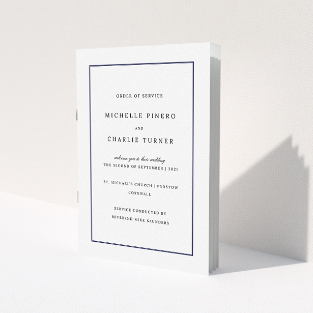 A wedding program design titled "Traditional Order of Service". It is an A5 booklet in a portrait orientation. "Traditional Order of Service" is available as a folded booklet booklet, with tones of white and blue.