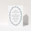 A wedding program named "Tussled Wreath". It is an A5 booklet in a portrait orientation. "Tussled Wreath" is available as a folded booklet booklet, with tones of blue and white.