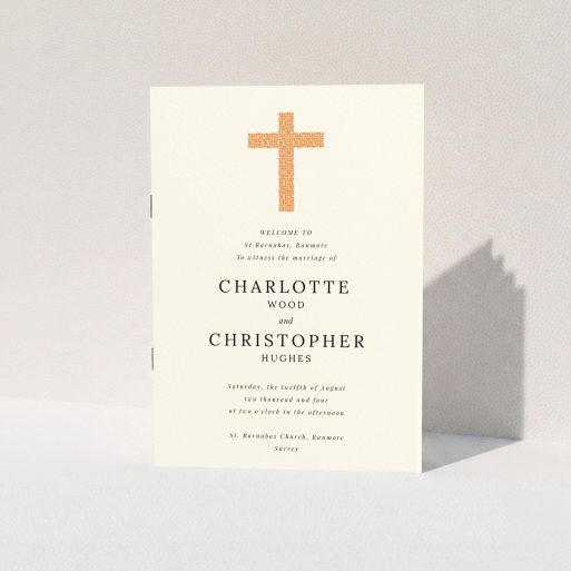 Wedding Program Design - "Vibrant church" A wedding program design titled "Vibrant church". It is an A5 booklet in a portrait orientation. "Vibrant church" is available as a folded booklet booklet, with tones of pale cream and bright orange.