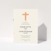 A wedding program design titled "Vibrant church". It is an A5 booklet in a portrait orientation. "Vibrant church" is available as a folded booklet booklet, with tones of pale cream and bright orange.