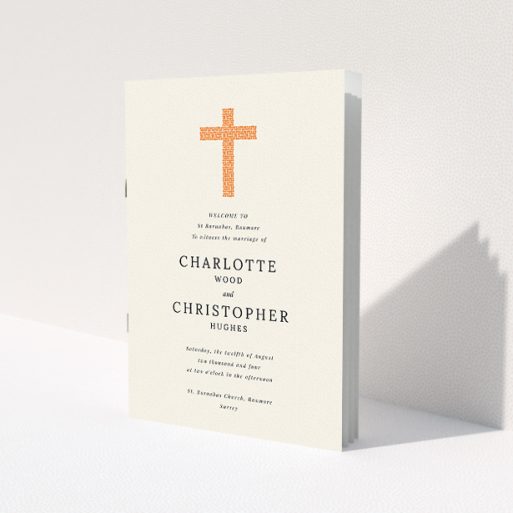 A wedding program design titled 'Vibrant church'. It is an A5 booklet in a portrait orientation. 'Vibrant church' is available as a folded booklet booklet, with tones of pale cream and bright orange.