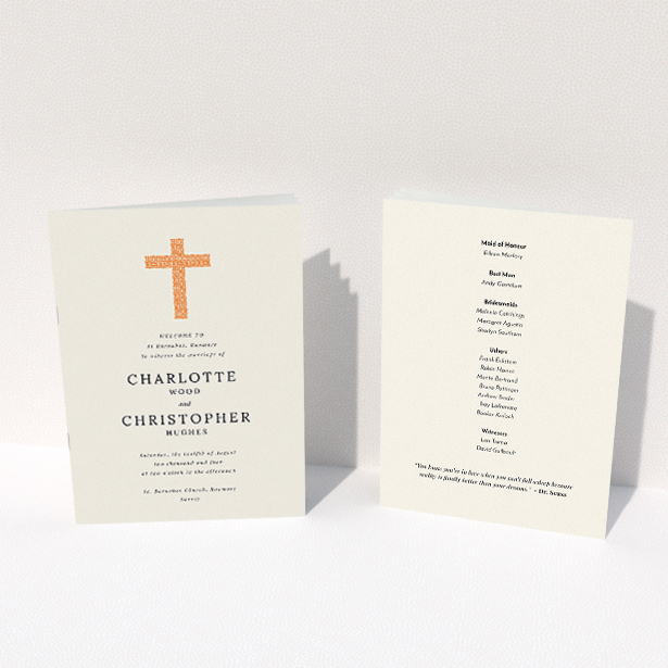 A wedding program design titled "Vibrant church". It is an A5 booklet in a portrait orientation. "Vibrant church" is available as a folded booklet booklet, with tones of pale cream and bright orange.