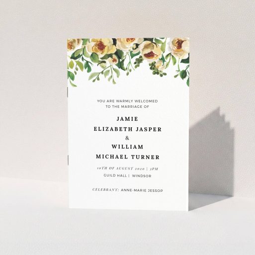 Wedding Program Design - "Watercolour Rose Impression" A wedding program template titled "Watercolour Rose Impression". It is an A5 booklet in a portrait orientation. "Watercolour Rose Impression" is available as a folded booklet booklet, with mainly pink colouring.