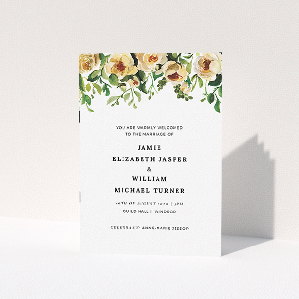 A wedding program template titled "Watercolour Rose Impression". It is an A5 booklet in a portrait orientation. "Watercolour Rose Impression" is available as a folded booklet booklet, with mainly pink colouring.