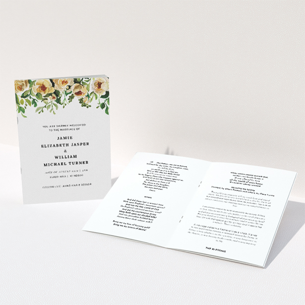 A wedding program template titled "Watercolour Rose Impression". It is an A5 booklet in a portrait orientation. "Watercolour Rose Impression" is available as a folded booklet booklet, with mainly pink colouring.