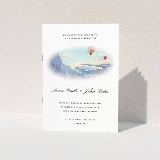 Wedding Program Design - "Window down the Valley" A wedding program design called "Window down the Valley". It is an A5 booklet in a portrait orientation. "Window down the Valley" is available as a folded booklet booklet, with tones of white, blue and red.