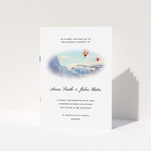 A wedding program design called "Window down the Valley". It is an A5 booklet in a portrait orientation. "Window down the Valley" is available as a folded booklet booklet, with tones of white, blue and red.