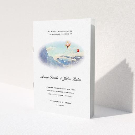 A wedding program design called 'Window down the Valley'. It is an A5 booklet in a portrait orientation. 'Window down the Valley' is available as a folded booklet booklet, with tones of white, blue and red.