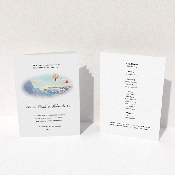 A wedding program design called "Window down the Valley". It is an A5 booklet in a portrait orientation. "Window down the Valley" is available as a folded booklet booklet, with tones of white, blue and red.