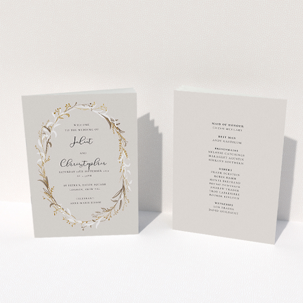 A wedding program named "Winter Wedding Order of Service". It is an A5 booklet in a portrait orientation. "Winter Wedding Order of Service" is available as a folded booklet booklet, with tones of dark cream and gold.