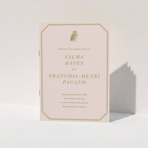 A wedding program design titled "Wise old owl". It is an A5 booklet in a portrait orientation. "Wise old owl" is available as a folded booklet booklet, with mainly dark cream colouring.