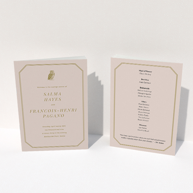 A wedding program design titled "Wise old owl". It is an A5 booklet in a portrait orientation. "Wise old owl" is available as a folded booklet booklet, with mainly dark cream colouring.